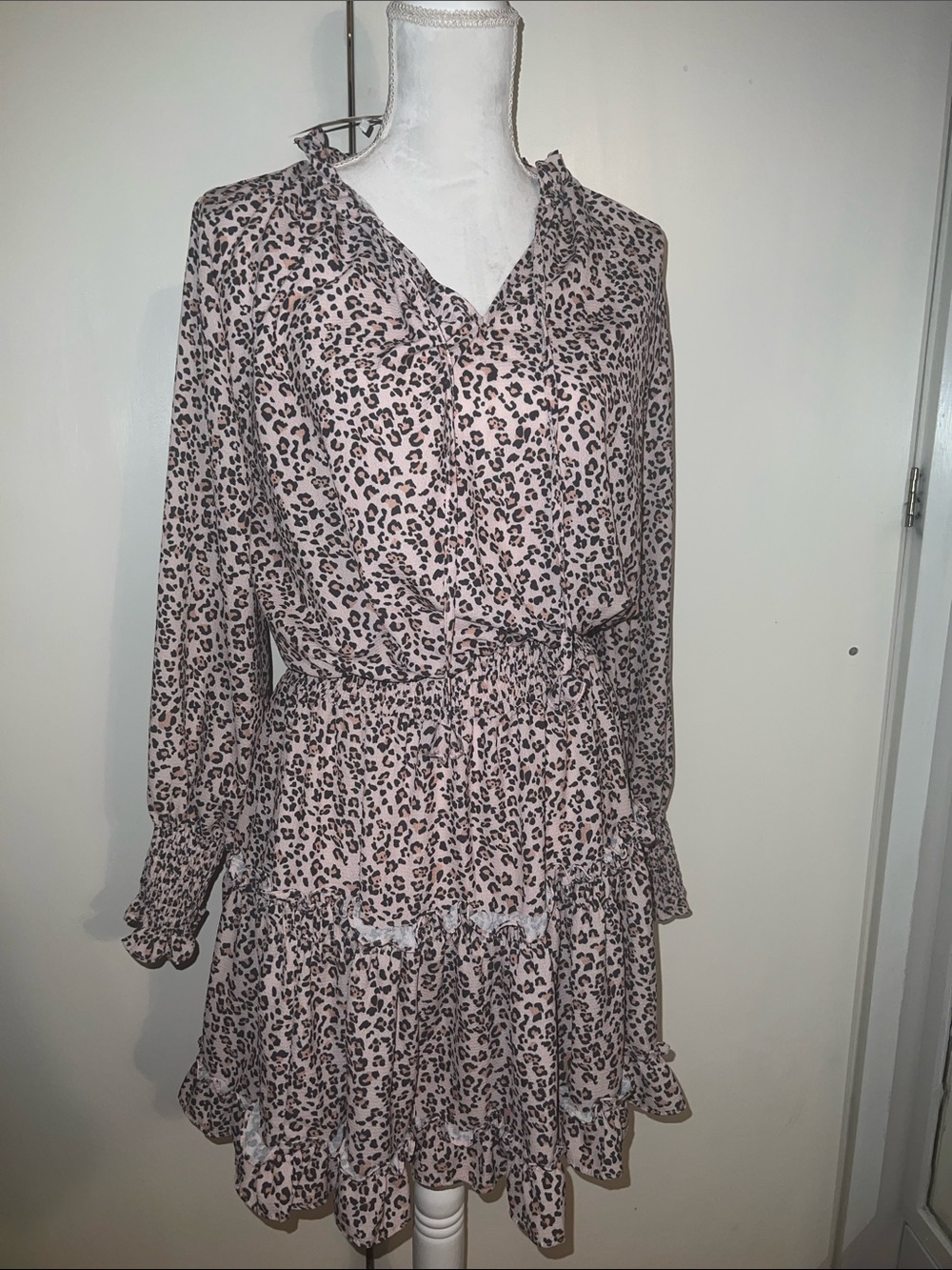 CBR Pink Leopard Print Long Sleeve Ruffle Dress